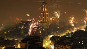 Europe new year cities clock tower fireworks wallpaper