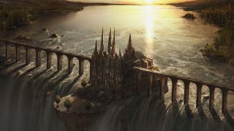 Artwork bridges castles fantasy art waterfalls wallpaper