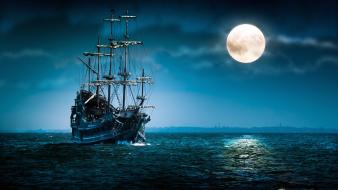Blue ocean horizon moon ships night sky wallpaper