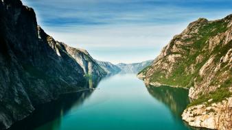 Grass hills norway fjord turquoise light blue wallpaper