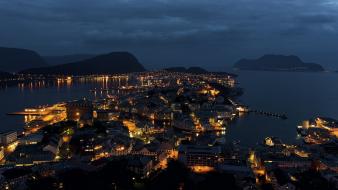 Nocturnal norway blue buildings city lights wallpaper