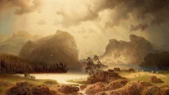 Norway fjords houses landscapes paintings wallpaper