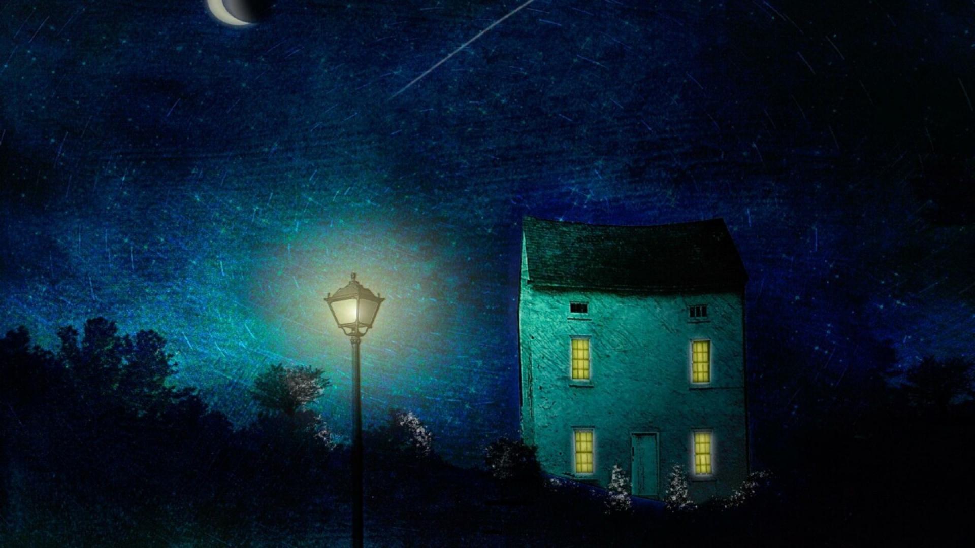 Домик на луне. Ночной пейзаж с домом. Луна над городом. Луна над домами. Ночь живопись.