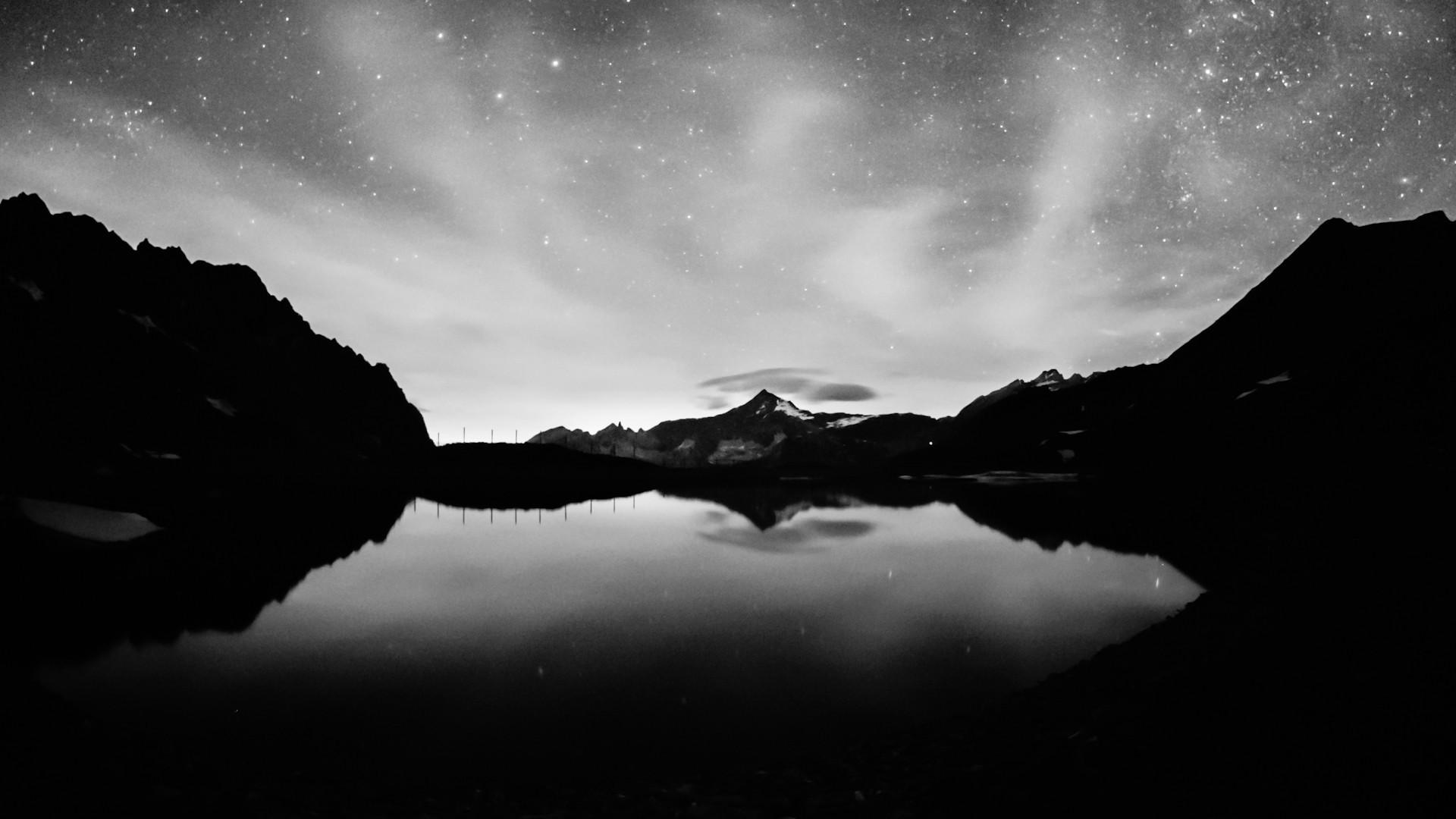 🥇 Black and white mountains stars lakes skyscapes ...