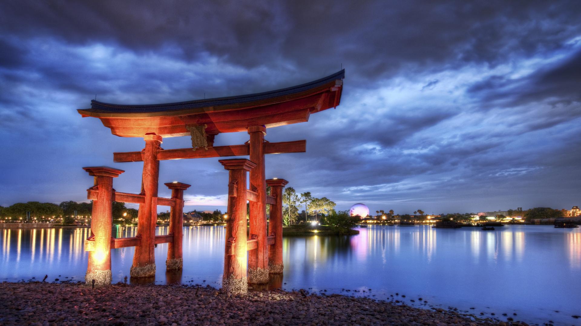 Water japan torii japanese architecture wallpaper HD 1920x1080.