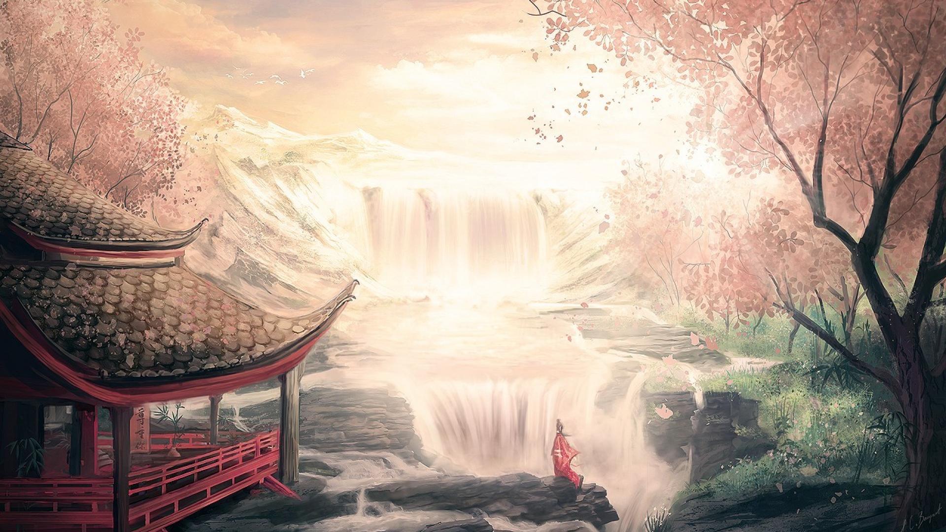 asia oriental waterfalls wallpaper