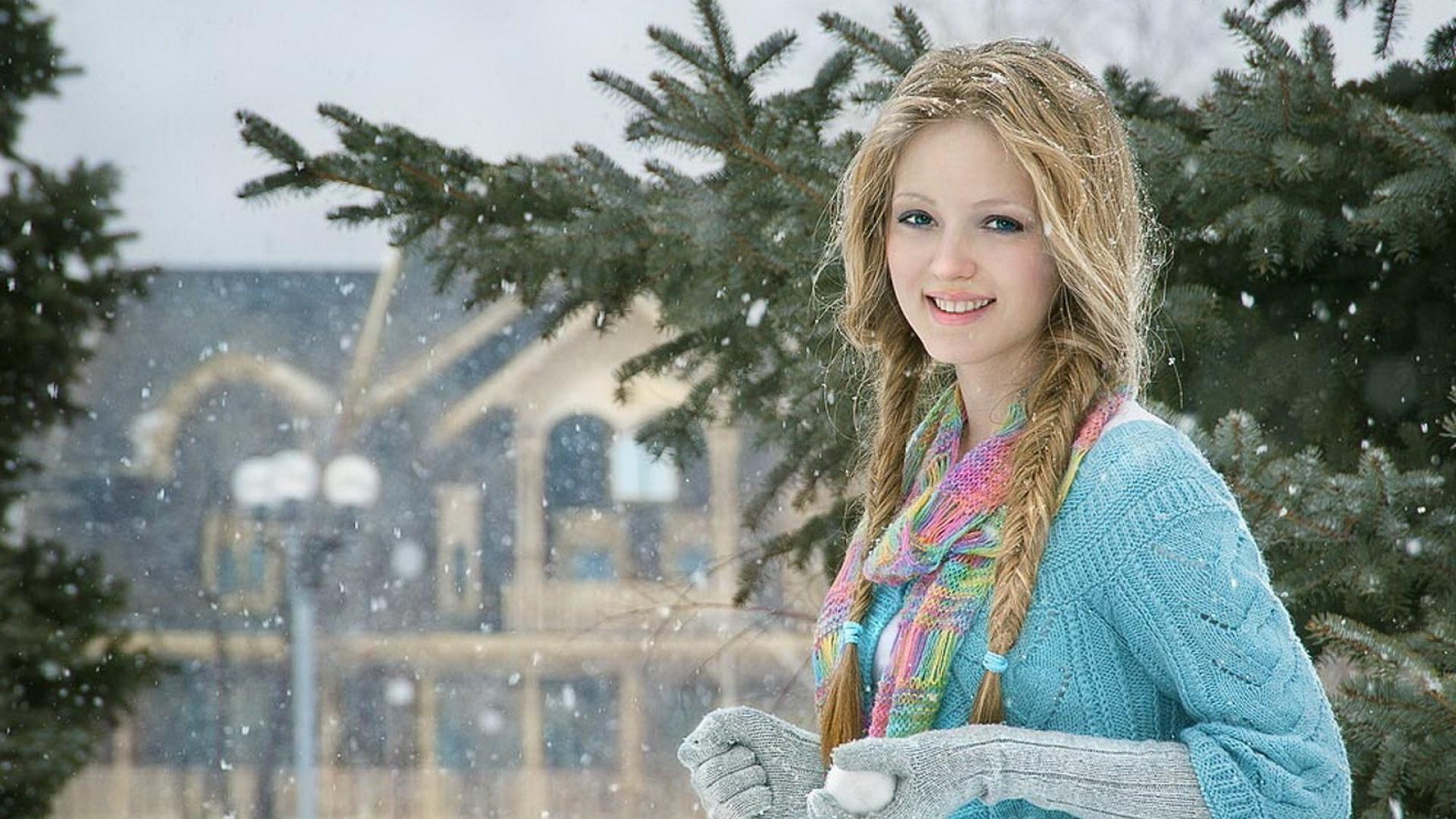 Blondes snow teen outdoors faces wallpaper HD 1920x1080.