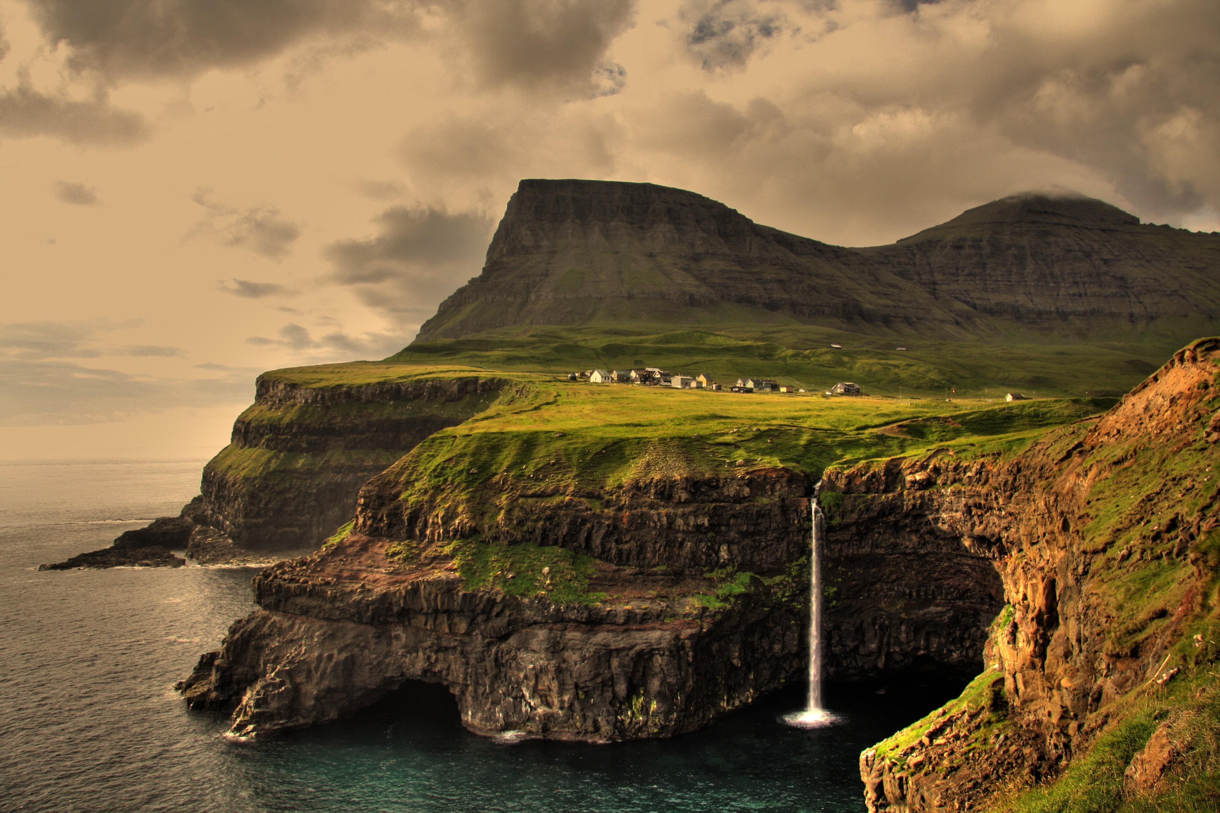 Mountains landscapes nature houses islands waterfalls faroe vagar ...