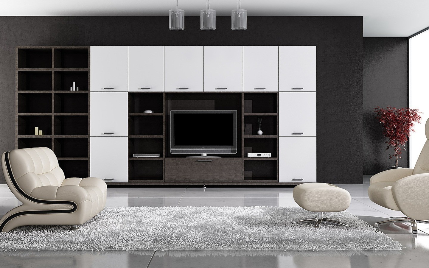 Living room white and black interior design wallpaper | (9924)