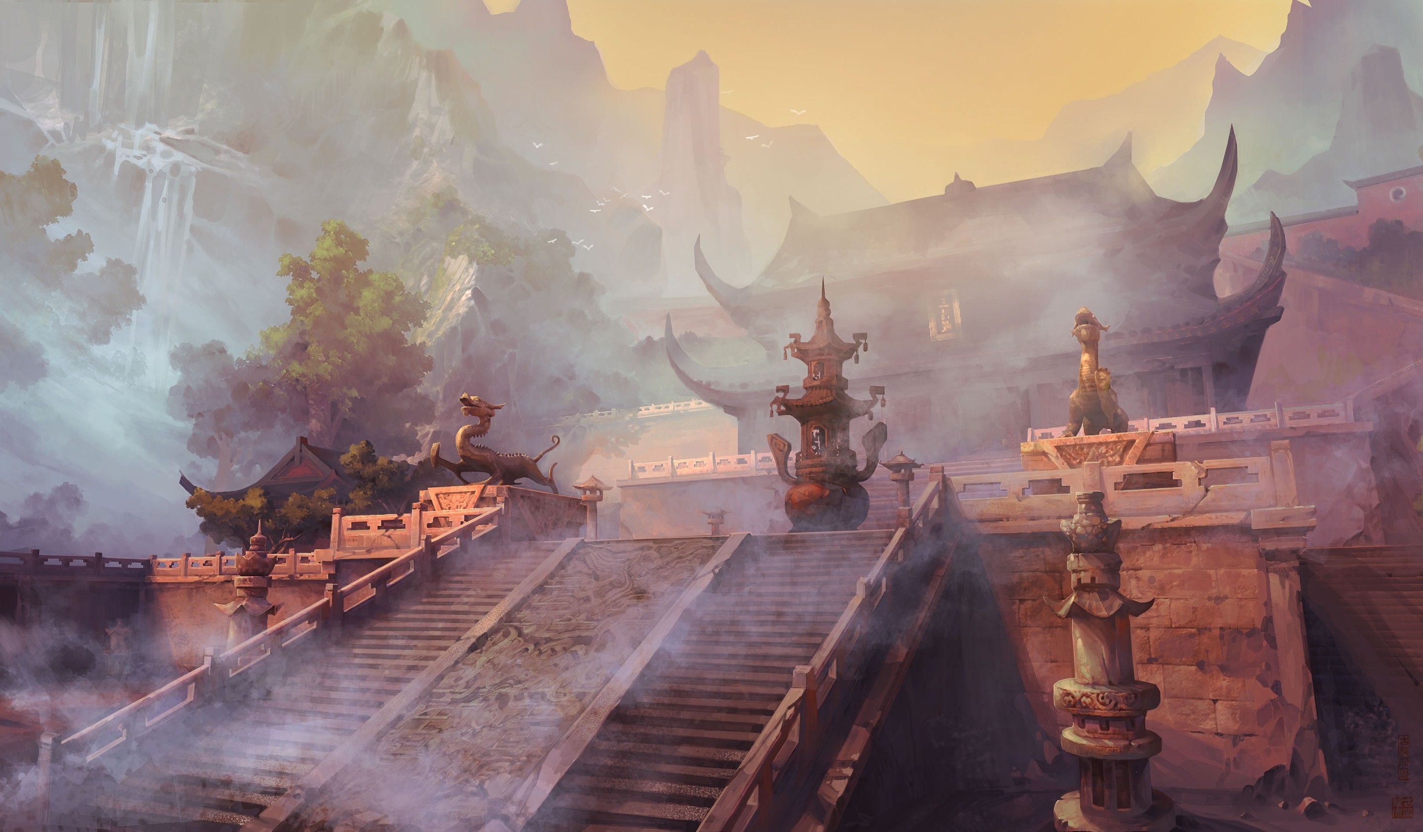 Fantasy art statues artwork asian architecture waterfalls wallpaper ...