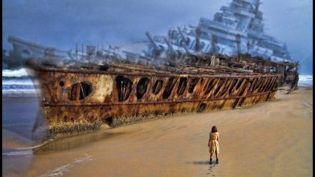 Abstract beach ships digital art shipwrecks footprint sea wallpaper