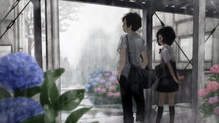 Rain flowers seifuku anime girls wallpaper