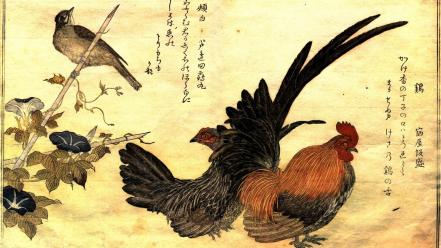 Birds artwork kanji roosters kitagawa utamaro wallpaper