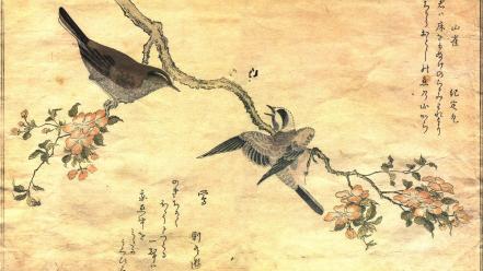Birds japanese artwork warblers great tit kitagawa utamaro wallpaper