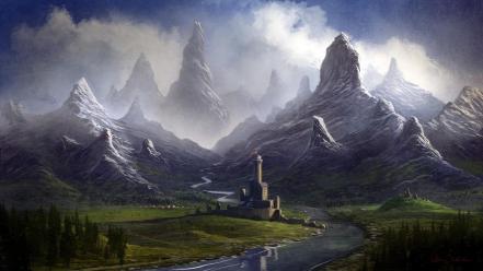 Digital art fantasy mountains streams valleys wallpaper