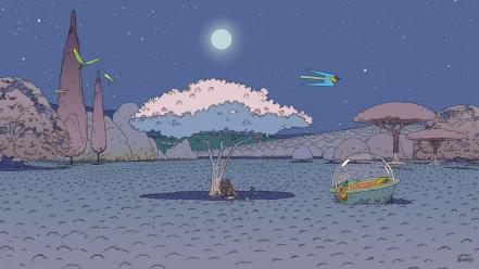 Landscapes trees night moon artwork traditional art moebius wallpaper