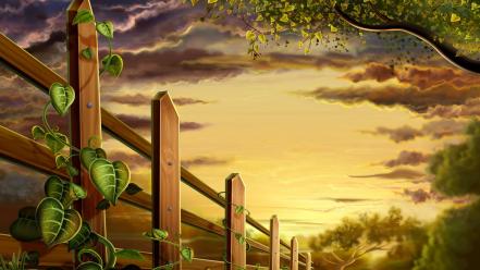 Paintings multicolor plants wood fence wallpaper