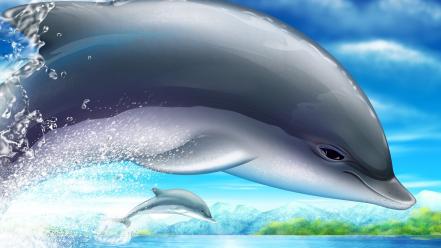 Paintings ocean multicolor animals dolphins wallpaper