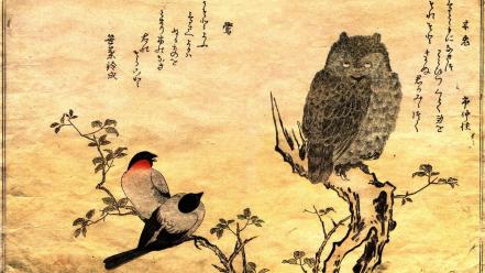 Paper japanese owls artwork bullfinch kanji kitagawa utamaro wallpaper