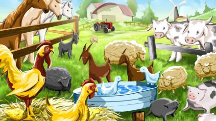 Chickens children cows farming farms wallpaper