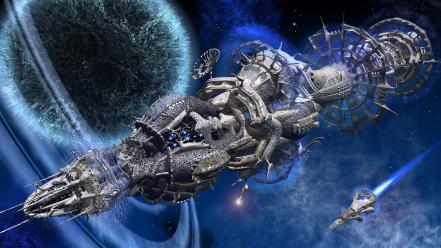 Futuristic outer space planets science fiction spaceships wallpaper
