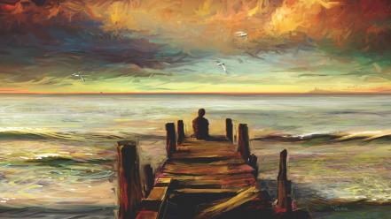 Lonely multicolor paintings scenic sea wallpaper