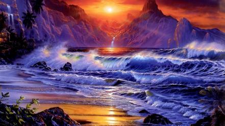 Artwork fantasy art ocean sunset waves wallpaper