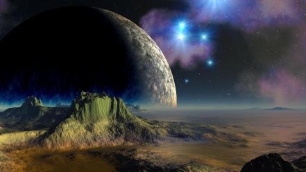 Moon abstract fantasy art mountains outer space wallpaper