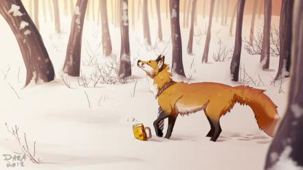 Animals artwork foxes snow winter wallpaper