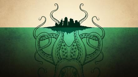 Cthulhu artwork city skyline islands sea wallpaper