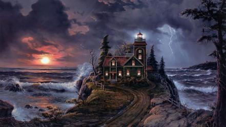 Jesse barnes artwork houses lightning sunset wallpaper