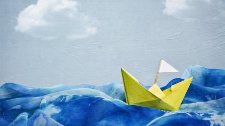 Artwork blue skies boats paintings paper boat wallpaper