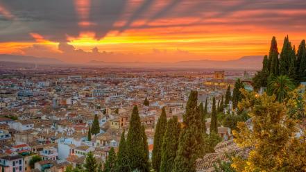 Spain cityscapes nature sunset trees wallpaper