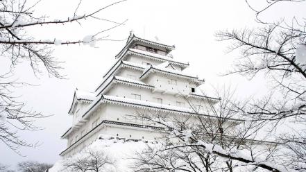 Japanese architecture snow temples white wallpaper