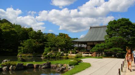 Japanese gardens blue skies ponds wallpaper