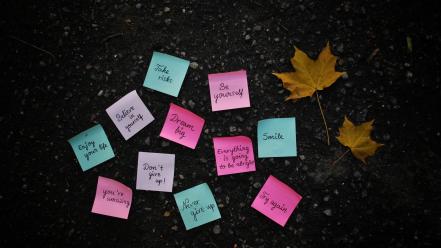 Leaves notes post it note quotes text wallpaper