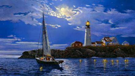 Artwork clouds lighthouses moonlight sea wallpaper