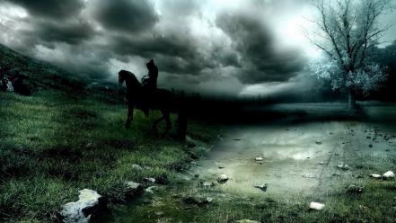 Clouds dark horses men nature wallpaper
