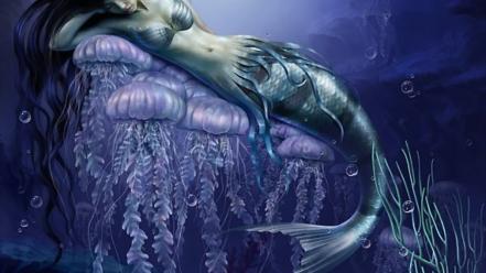 Art jellyfish mermaids artwork nymph underwater sea wallpaper