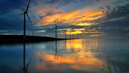 Landscapes lakes windmills skyscapes reflections wind turbines wallpaper