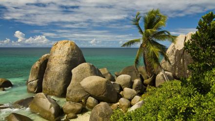 Ocean beach rocks islands palm trees seychelles wallpaper