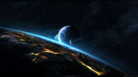 Planets fantasy art spaceships digital artwork 3d wallpaper