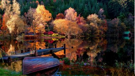 Water trees autumn (season) forest ponds boats wallpaper