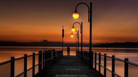 Lakes nature piers silhouettes street lights wallpaper