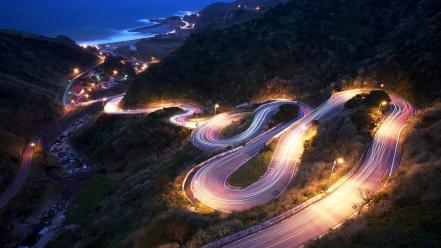 Lights long exposure mountains night roads wallpaper