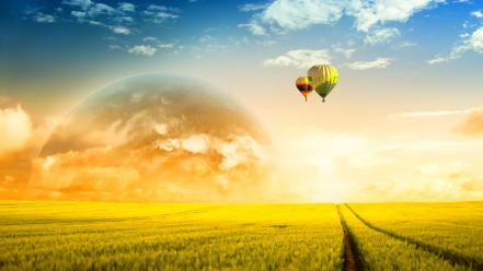 Sun countryside fields hot air balloons wallpaper