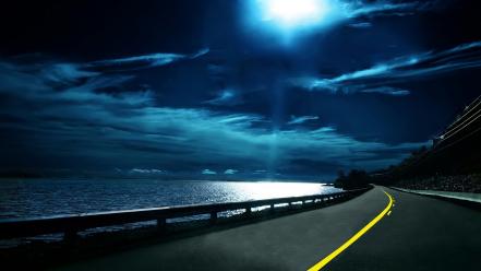 Moon clouds night ocean roads wallpaper