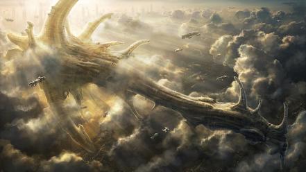 Radojavor airship clouds fantasy art futuristic wallpaper