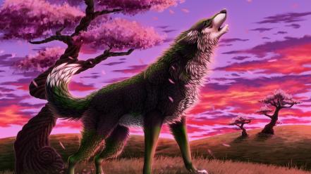 Fantasy art trees wolf howling wallpaper