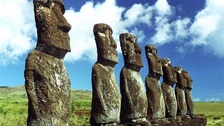Clouds landscapes grass statues easter island moai wallpaper